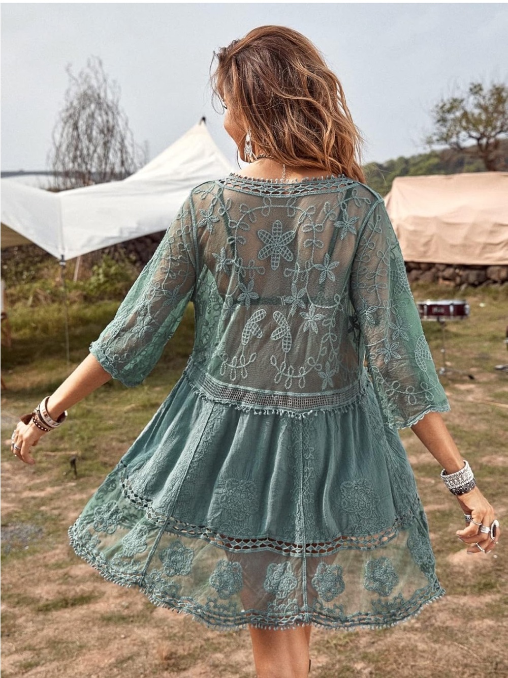 Boho Teal Lace V-Neck Tunic Dress - Picture 2 of 3
